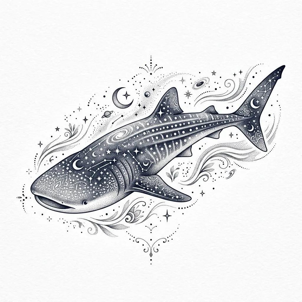Tatouage de requin-baleine en dotwork avec motifs célestes, étoiles et lunes sur fond blanc.