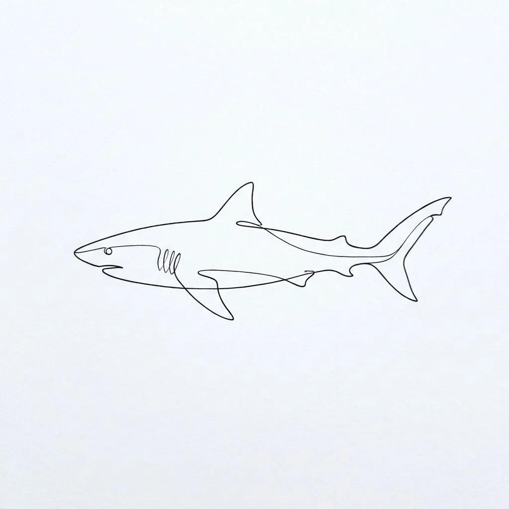 Dessin de tatouage d'un requin réalisé d'un seul trait continu et fin sur fond blanc.