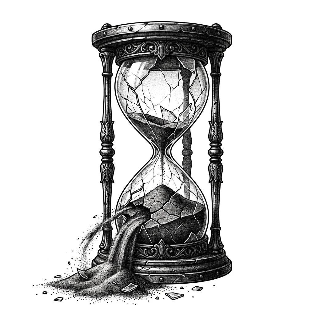 Dessin de tatouage d'un sablier réaliste en noir et gris avec du verre brisé et du sable qui s'écoule.