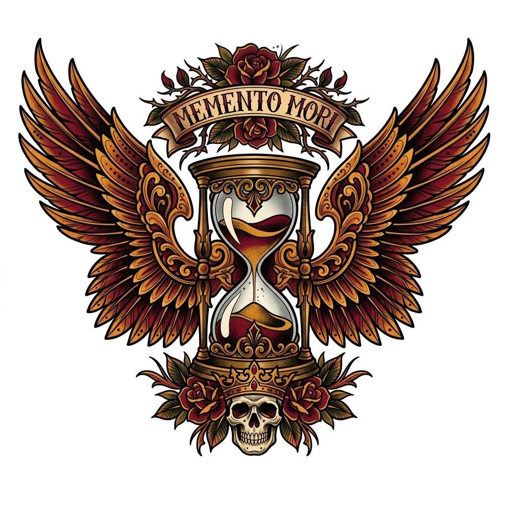 Tatouage néo-traditionnel d'un sablier ailé avec roses, crâne et bannière Memento Mori.