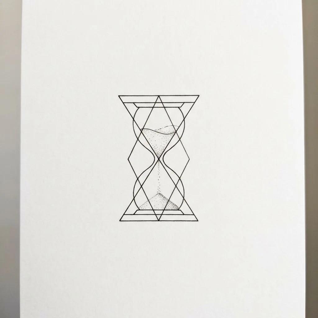 Dessin de tatouage d'un sablier géométrique minimaliste aux traits fins sur papier blanc.