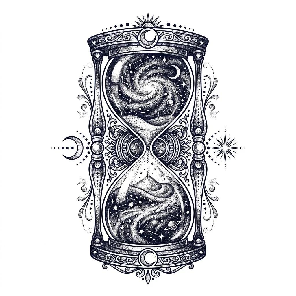 Tatouage d'un sablier mystique contenant une galaxie et des étoiles, réalisé en dotwork sur fond blanc.