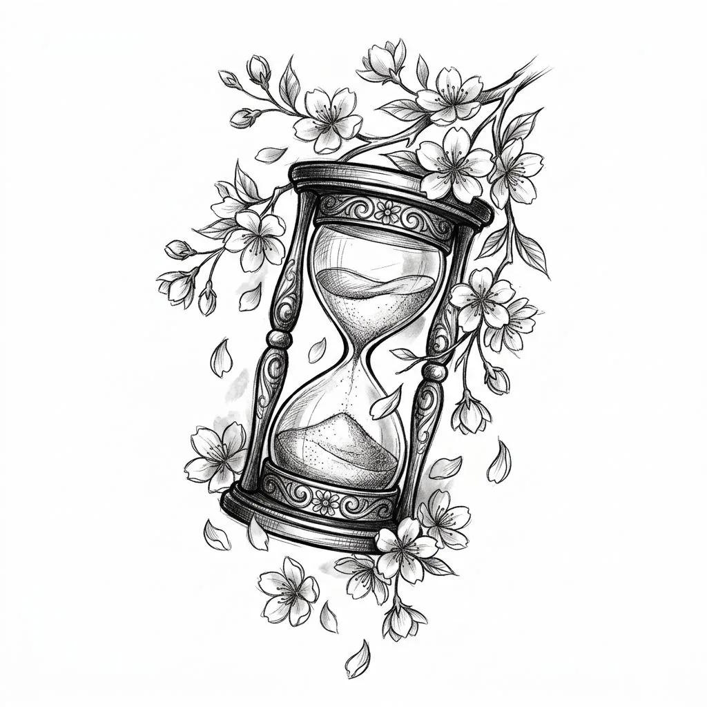 Dessin de tatouage d'un sablier ornementé entouré de fleurs de cerisier et de pétales, style croquis noir et blanc.