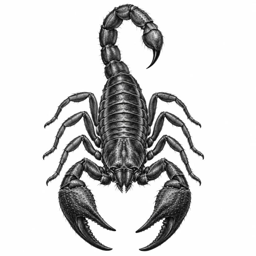 Tatouage de scorpion réaliste vu de dessus, carapace segmentée détaillée et dard dressé