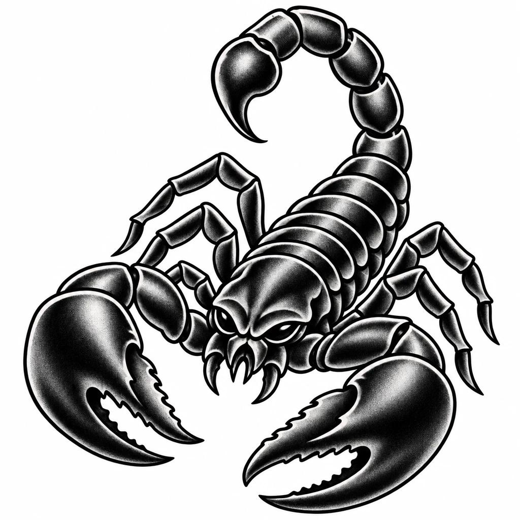 Tatouage de scorpion old school, contours noirs épais et pinces exagérées