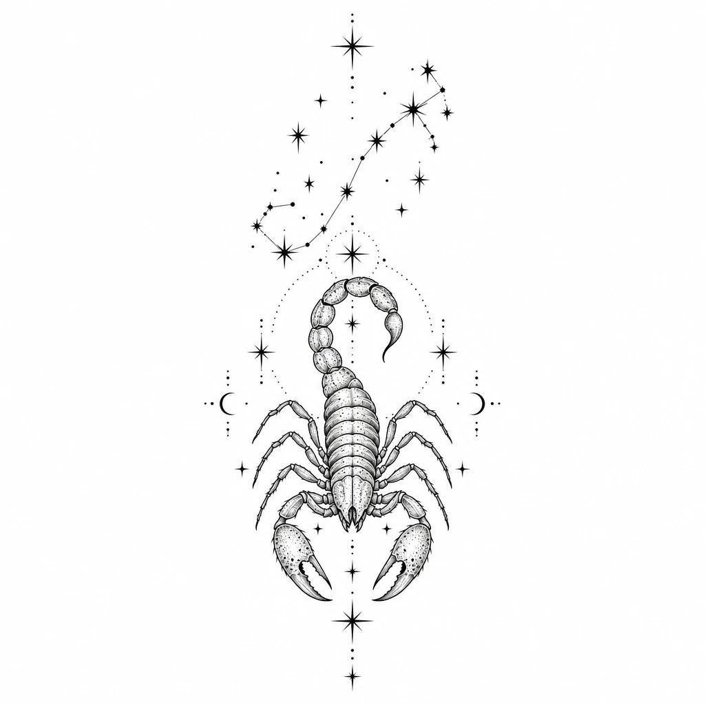 Tatouage de scorpion au trait fin surmonté de la constellation du Scorpion, étoiles reliées par des lignes
