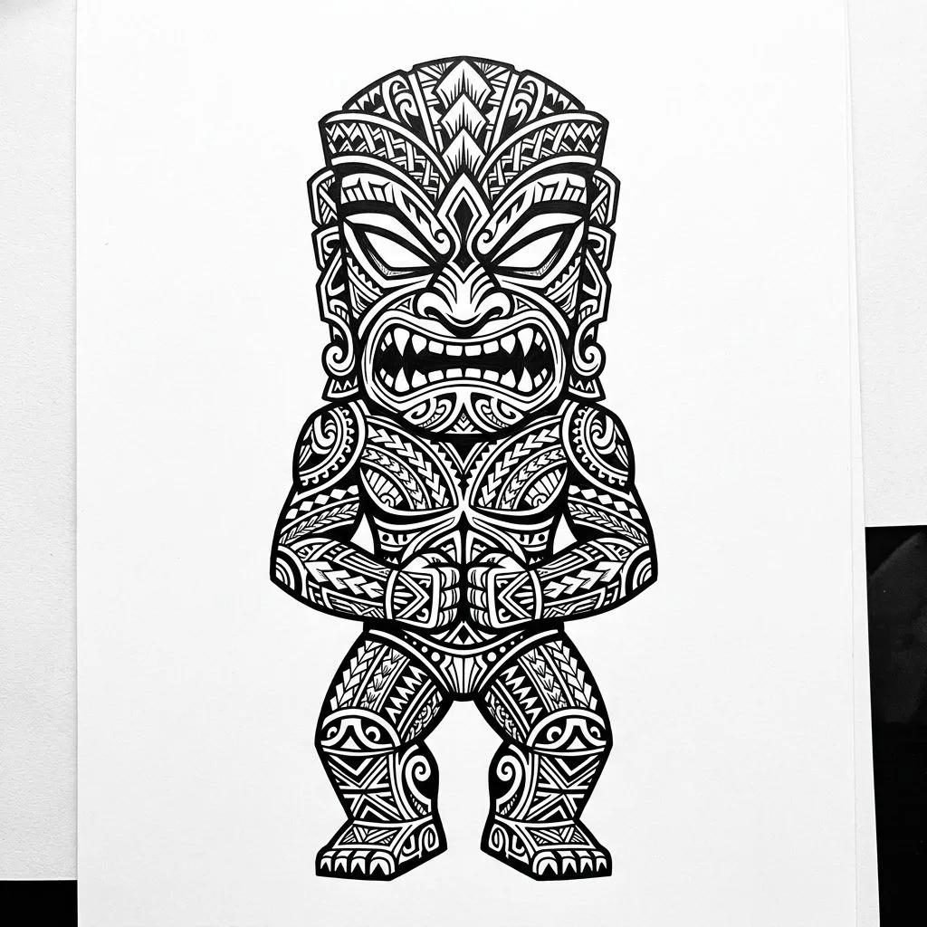 Dessin de tatouage d'un dieu Tiki protecteur en style tribal polynésien avec des motifs géométriques noirs.