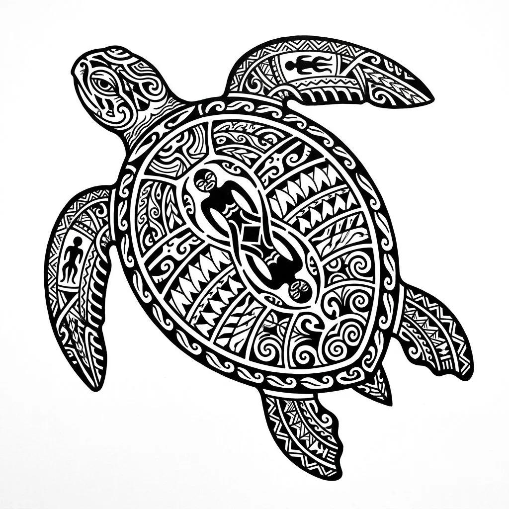 Dessin de tatouage d'une tortue marine avec des motifs tribaux noirs sur un fond blanc uni.
