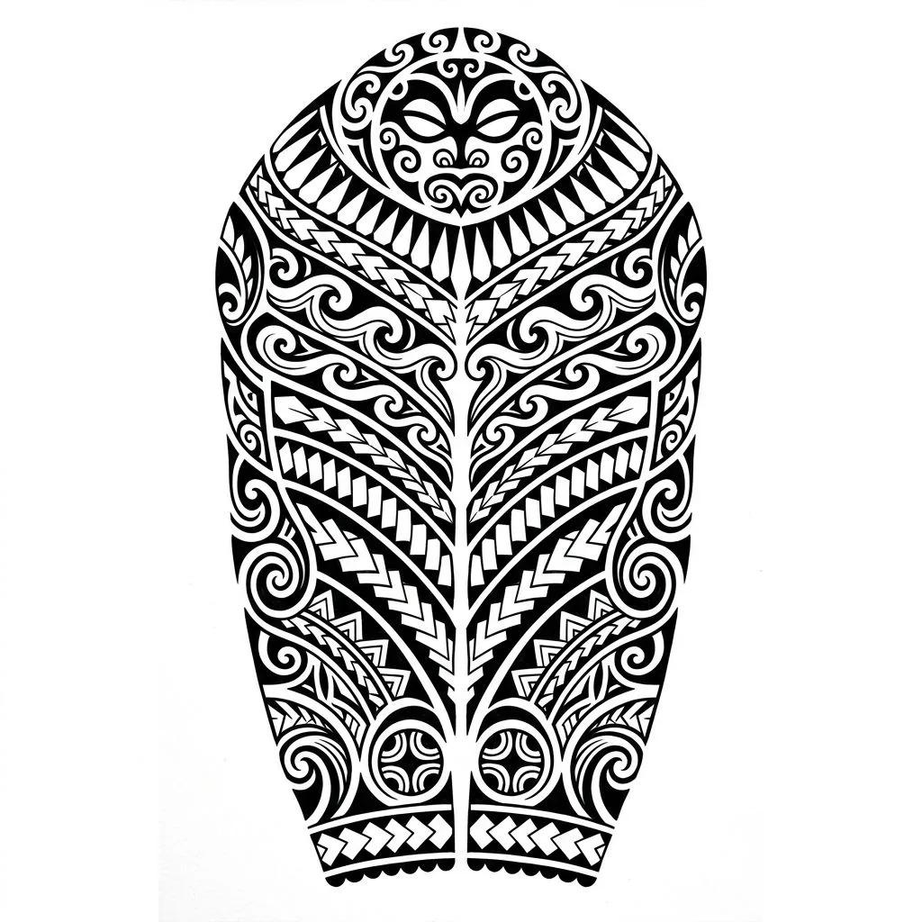 Dessin de tatouage polynésien symétrique avec un visage Tiki, des vagues et des pointes de lance.
