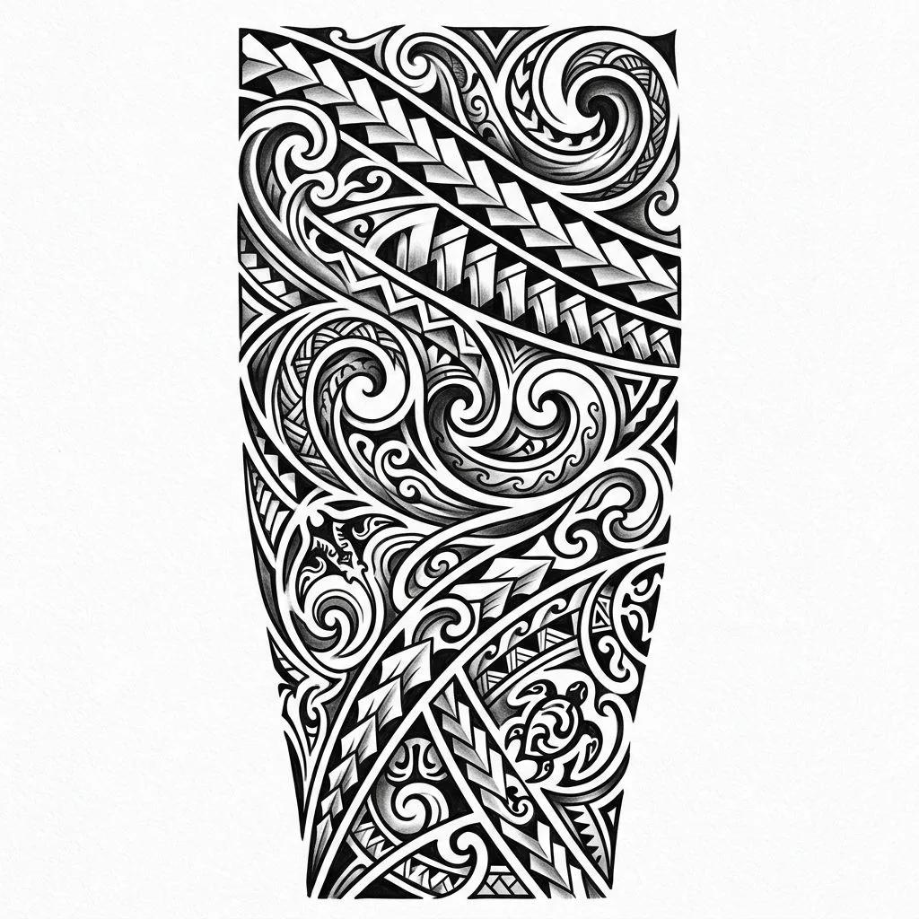 Dessin de tatouage tribal tahitien avec des motifs de dents de requin, vagues et une tortue sur fond blanc.