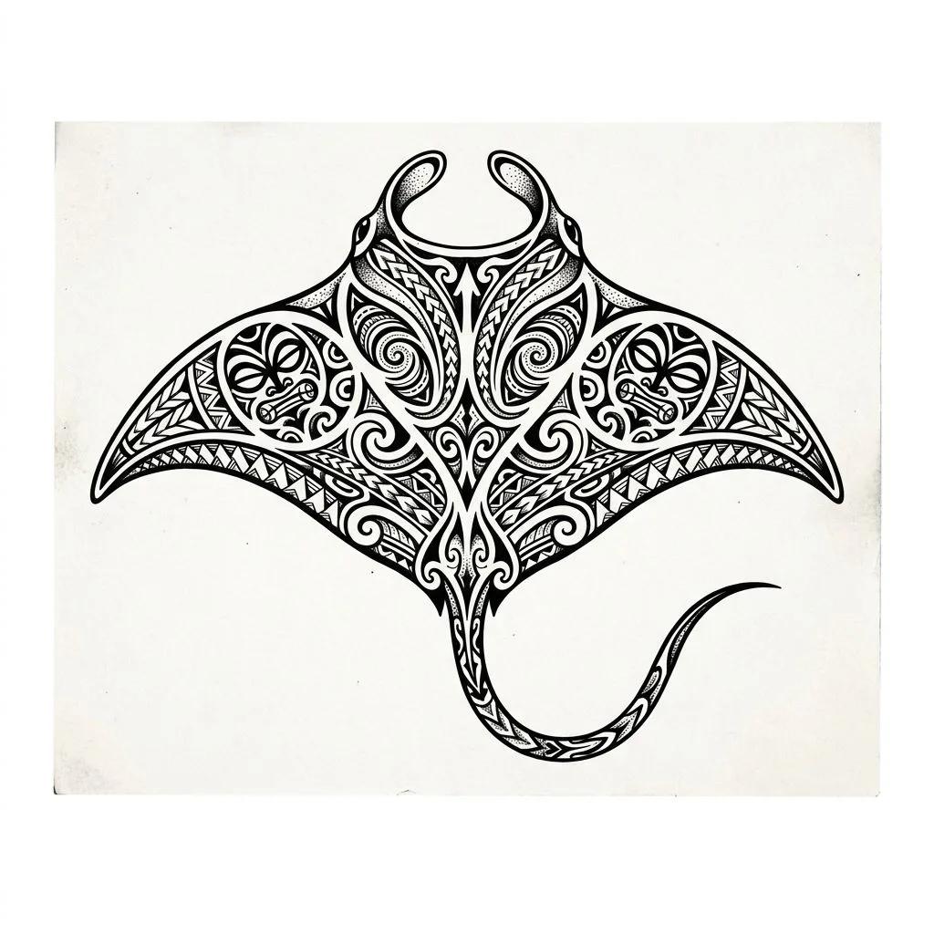 Dessin de tatouage d'une raie manta avec des motifs tribaux polynésiens et des visages Tiki sur fond blanc.