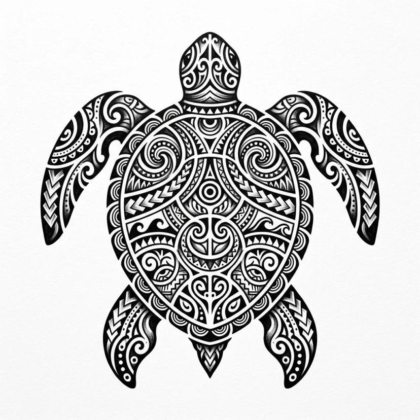 Dessin de tatouage d'une tortue marine de style polynésien avec des motifs tribaux complexes en noir.