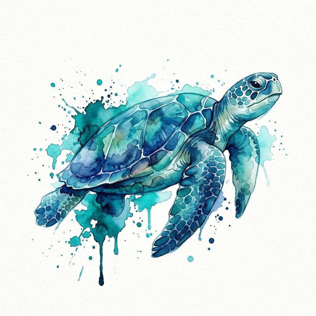 Dessin de tatouage d'une tortue de mer en aquarelle bleue et turquoise avec des éclaboussures d'encre.