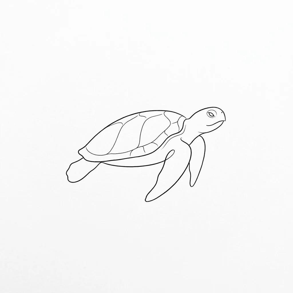 Tatouage minimaliste d'une tortue de mer de profil aux traits fins noirs sur fond blanc.