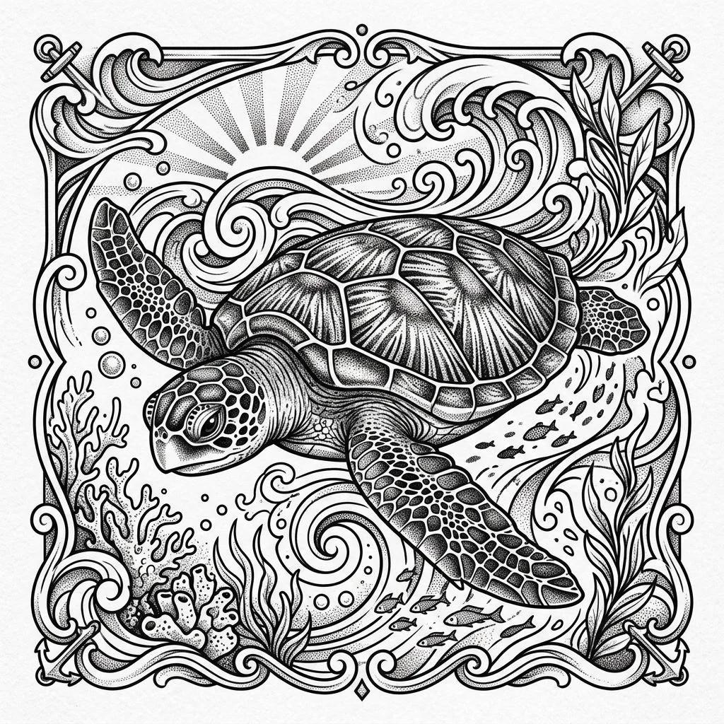 Dessin de tatouage d'une tortue marine réaliste en dotwork avec des vagues et des coraux.
