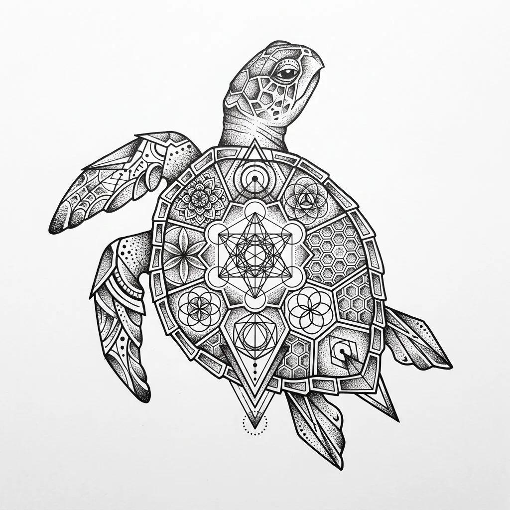 Dessin de tatouage d'une tortue de mer ornée de motifs de géométrie sacrée et de pointillés sur fond blanc.