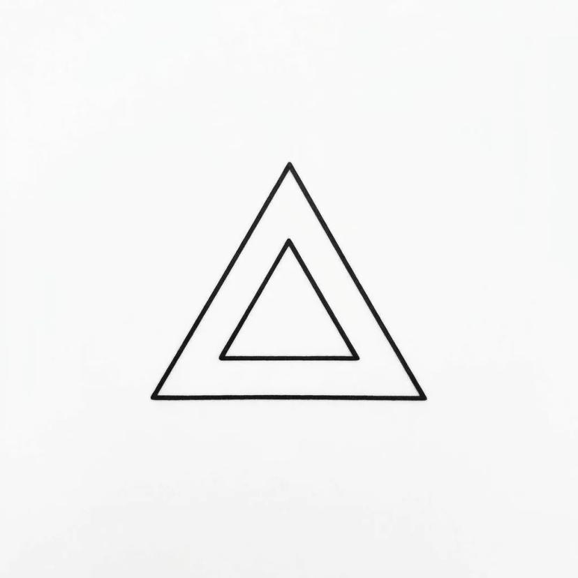 Dessin de tatouage minimaliste composé de deux triangles imbriqués aux lignes fines noires sur fond blanc.