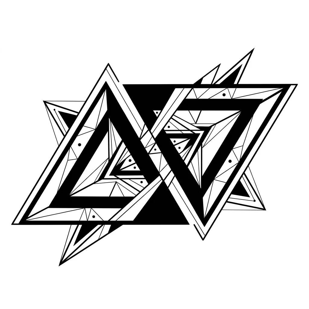 Dessin de tatouage composé de triangles géométriques entrelacés avec des lignes fines et du remplissage noir.