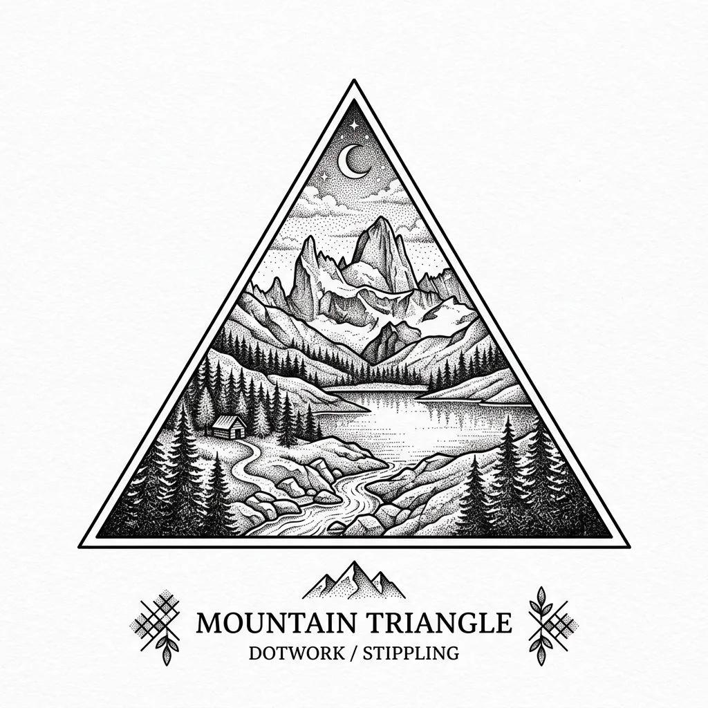 Dessin de tatouage en dotwork d'un paysage de montagne dans un triangle avec lac et cabane.