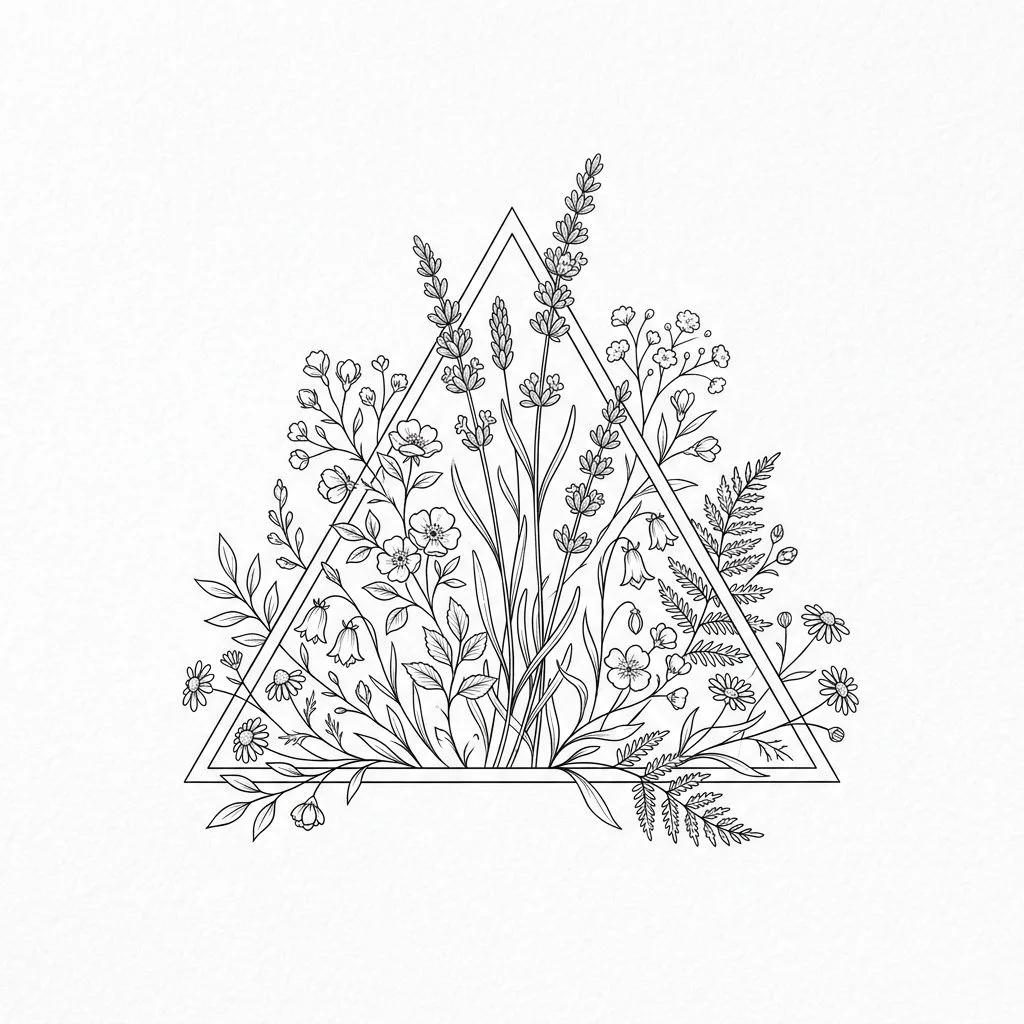 Dessin de tatouage d'un triangle entrelacé de lavande et fleurs sauvages en traits fins sur fond blanc.
