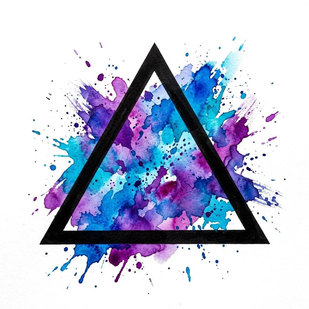Dessin de tatouage d'un triangle noir avec des taches d'aquarelle bleues et violettes sur fond blanc.