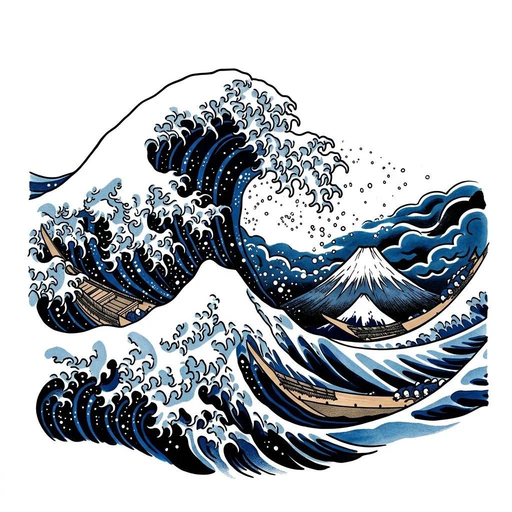 Dessin de tatouage détaillé de la Grande Vague de Kanagawa avec de l'encre bleue et des contours noirs.