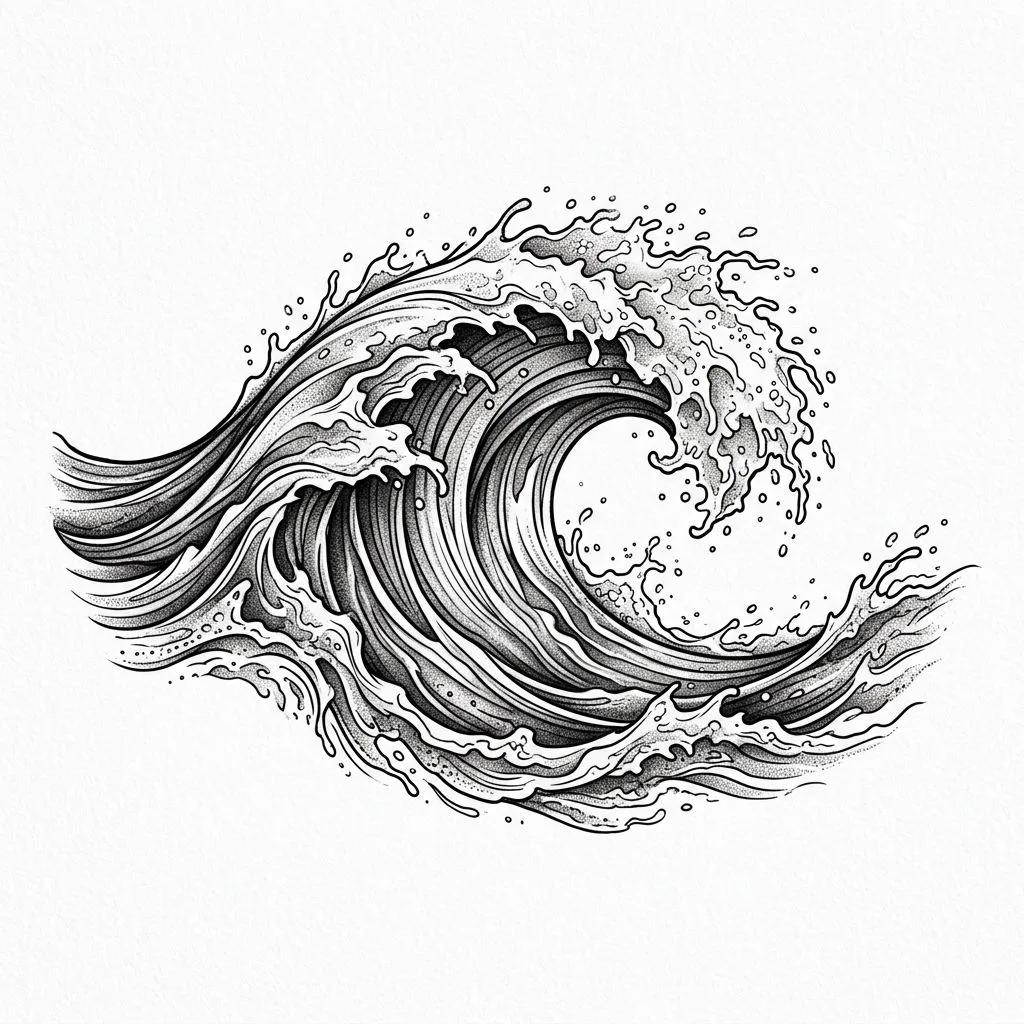Tatouage d'une vague en noir et blanc avec dotwork sur fond blanc.