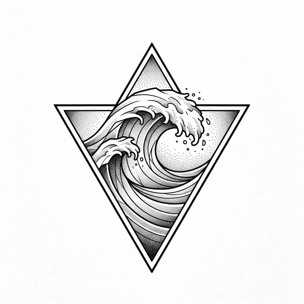 Dessin de tatouage d'une vague déferlante dans un cadre triangulaire géométrique avec du dotwork.