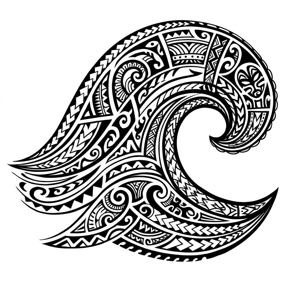 Tatouage de vague polynésienne aux motifs tribaux noirs.