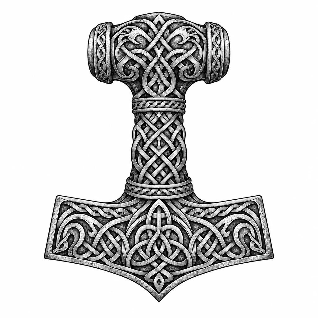 Tatouage de Mjölnir, le marteau de Thor couvert d'entrelacs scandinaves