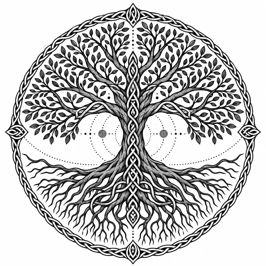 Tatouage d'Yggdrasil, l'arbre-monde aux branches et racines symétriques inscrit dans un cercle