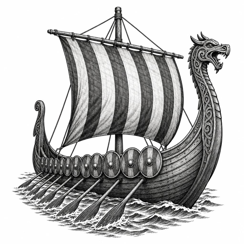 Tatouage de drakkar viking, proue en tête de dragon, voile rayée, boucliers le long de la coque et rames