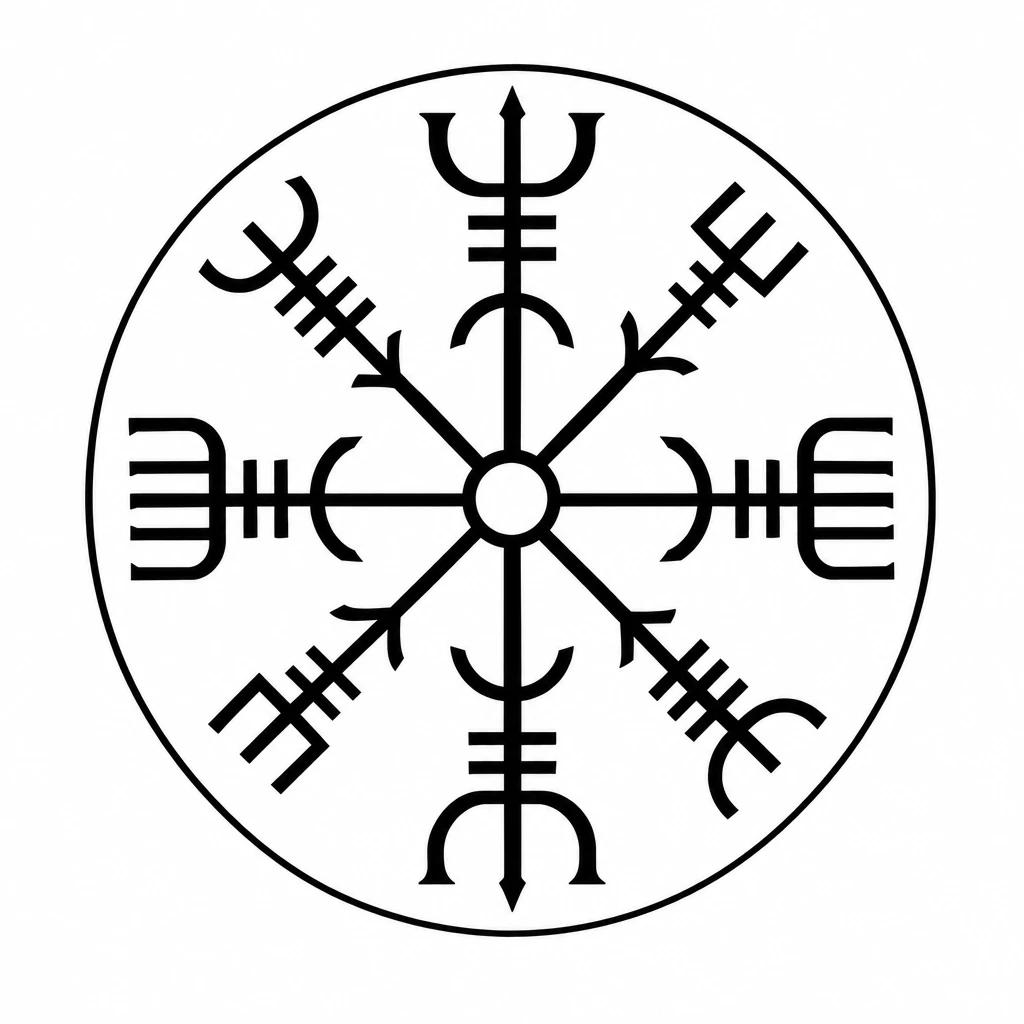 Tatouage du Vegvisir, huit bâtons ornementés rayonnant depuis un point central dans un cercle