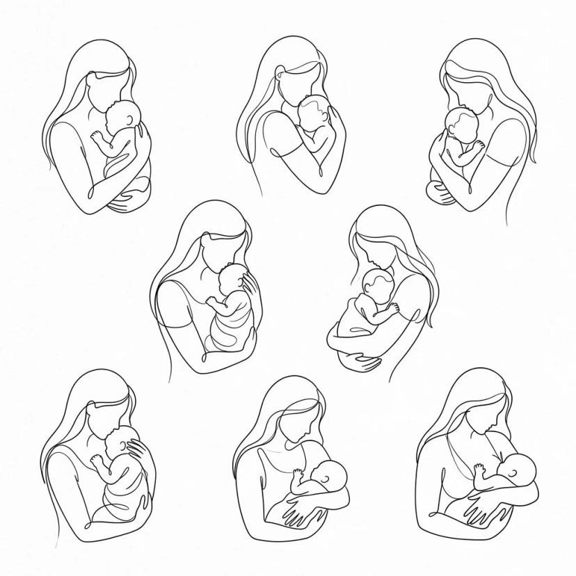 Dessins de tatouage minimalistes en trait continu représentant une mère et son bébé sur fond blanc.