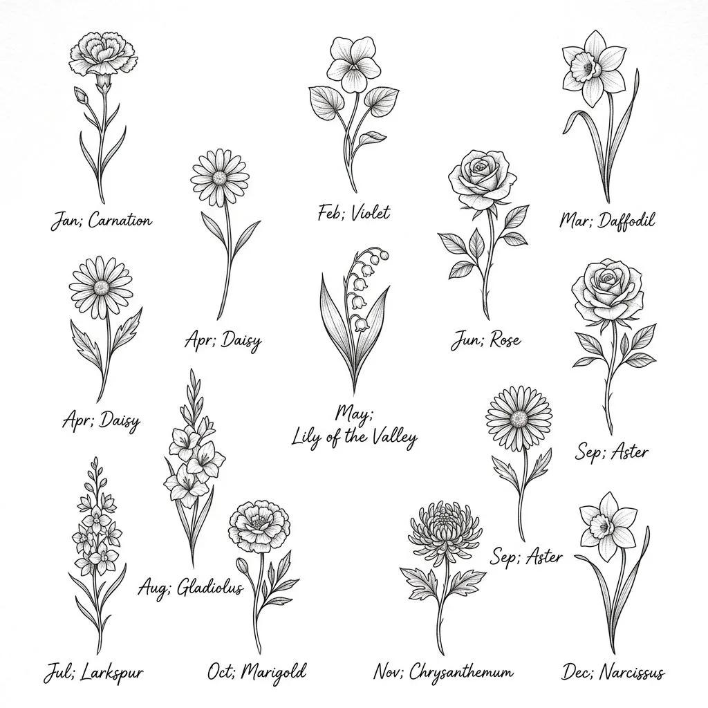 Planche de tatouages minimalistes représentant les fleurs de naissance en trait fin noir.