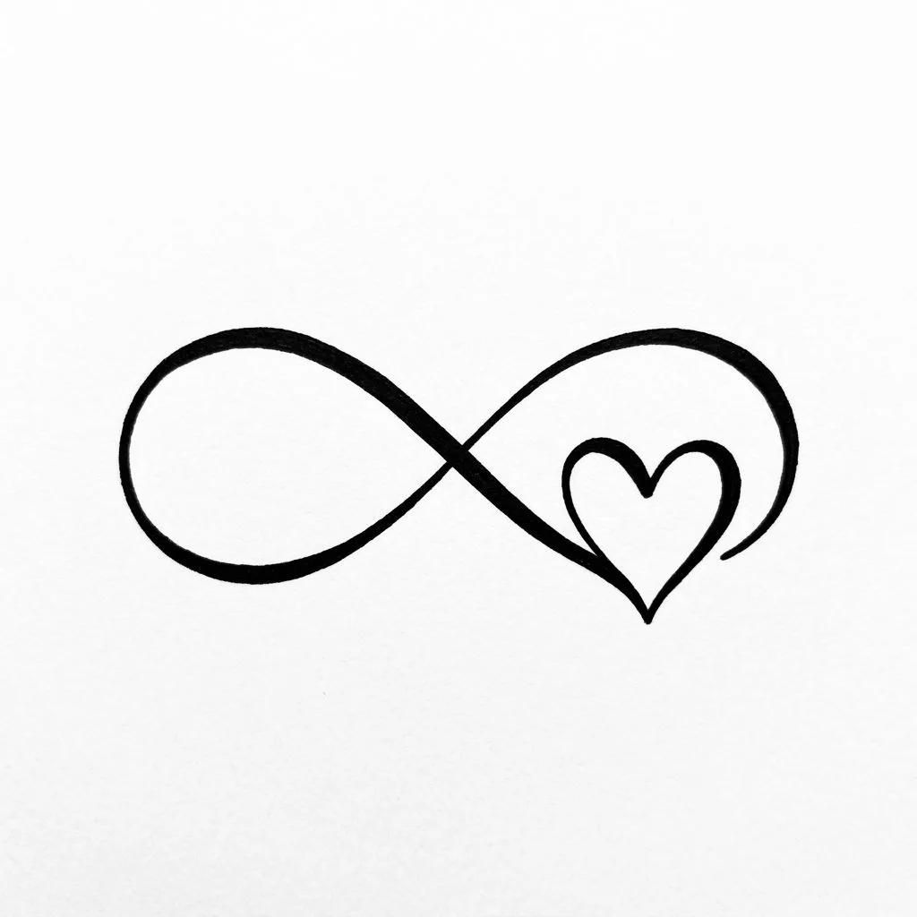 Dessin de tatouage minimaliste d'un symbole de l'infini fusionnant avec un petit cœur en encre noire.