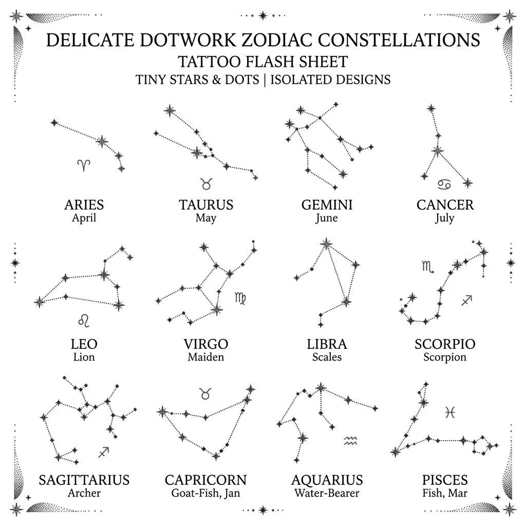 Planche de tatouages de constellations du zodiaque en dotwork délicat sur fond blanc.
