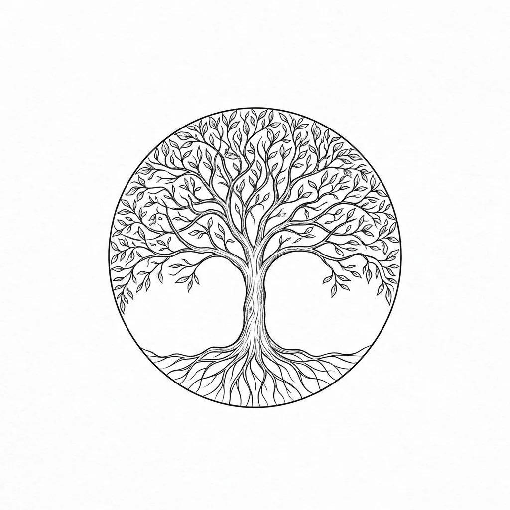 Dessin de tatouage d'un arbre de vie circulaire aux lignes fines sur fond blanc.