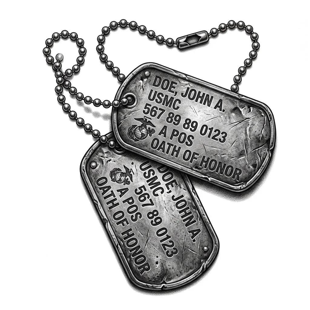 Dessin de tatouage de plaques d'identité militaires réalistes en noir et gris sur fond blanc.