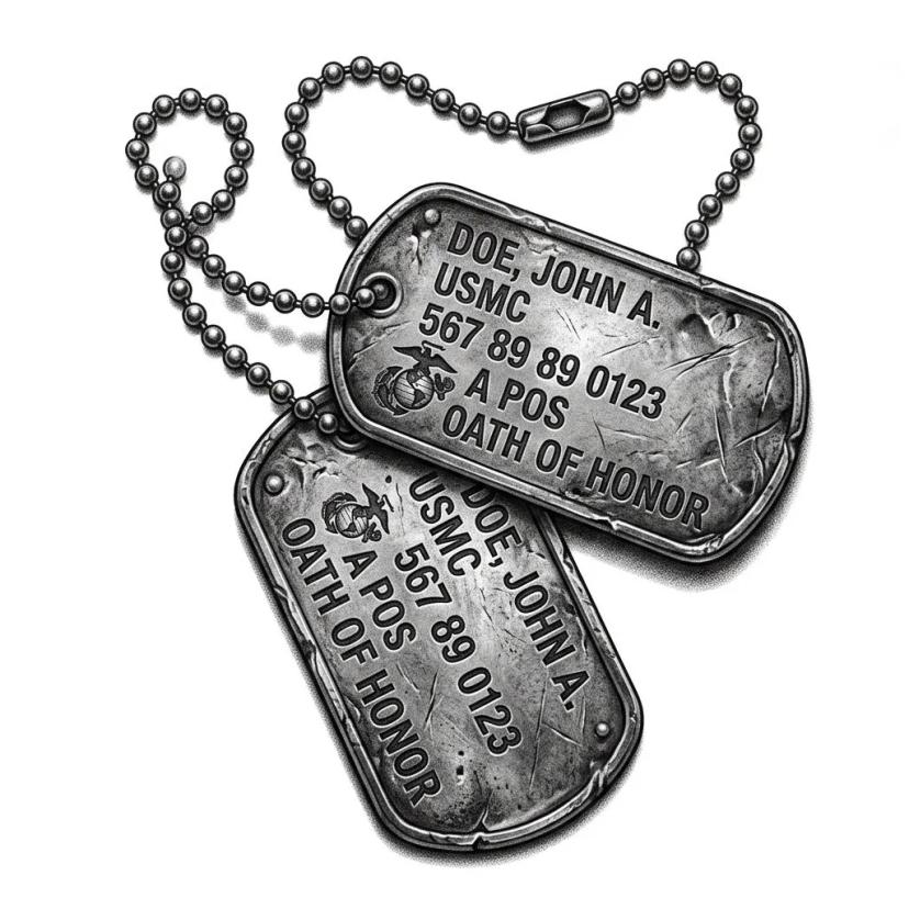 Dessin de tatouage de plaques d'identité militaires réalistes en noir et gris sur fond blanc.