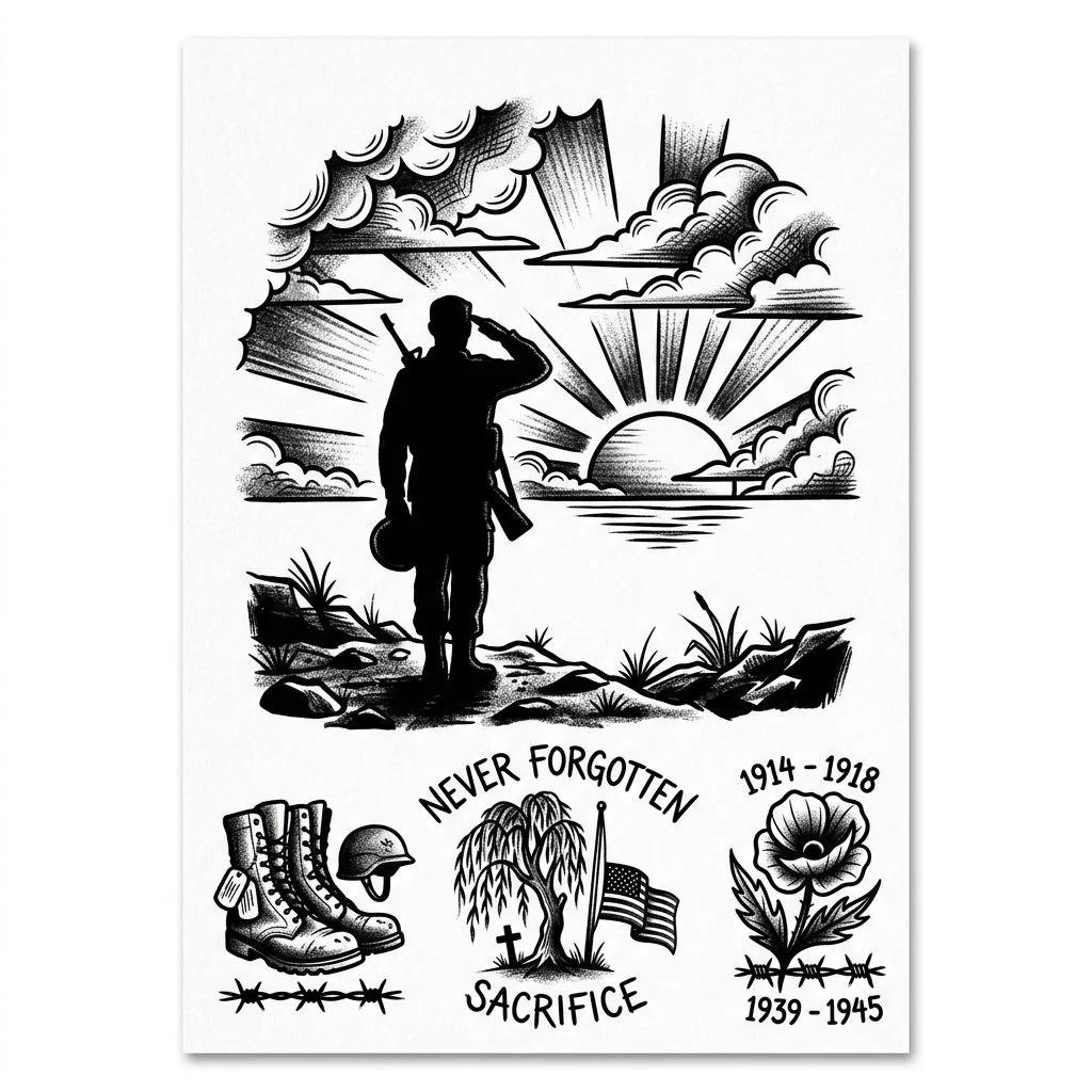 Planche de tatouage montrant un soldat saluant devant un soleil couchant en style noir et blanc.