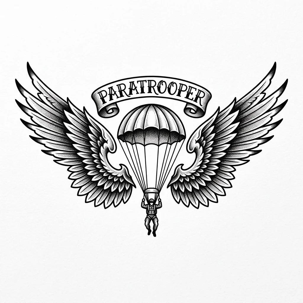 Dessin de tatouage de parachutiste avec de grandes ailes symétriques et ombrage en dotwork sur fond blanc.