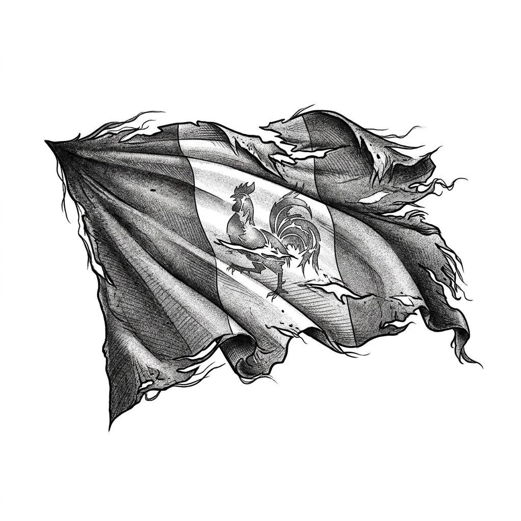 Tatouage d'un drapeau français déchiré avec un coq gaulois au centre, style réaliste en noir et gris.