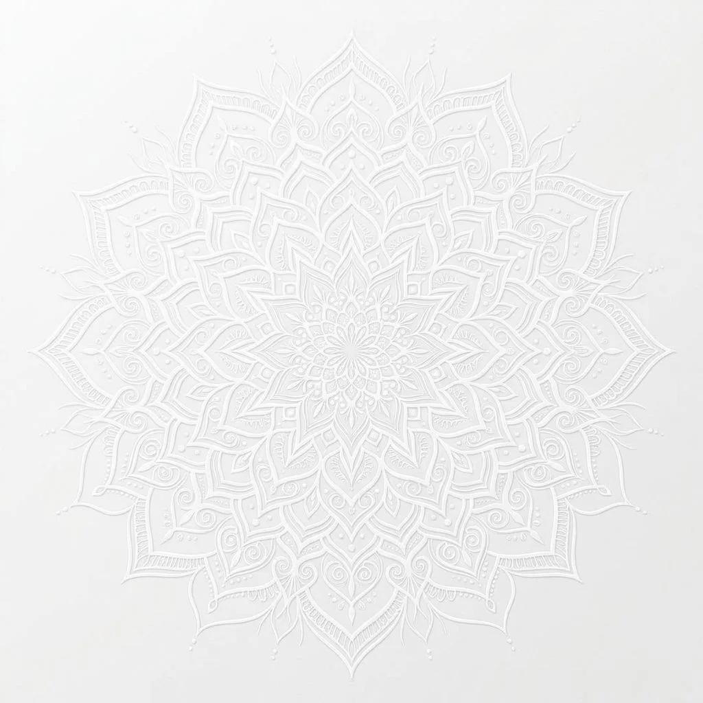 Modèle de tatouage mandala blanc aux motifs de dentelle complexe sur fond blanc épuré.