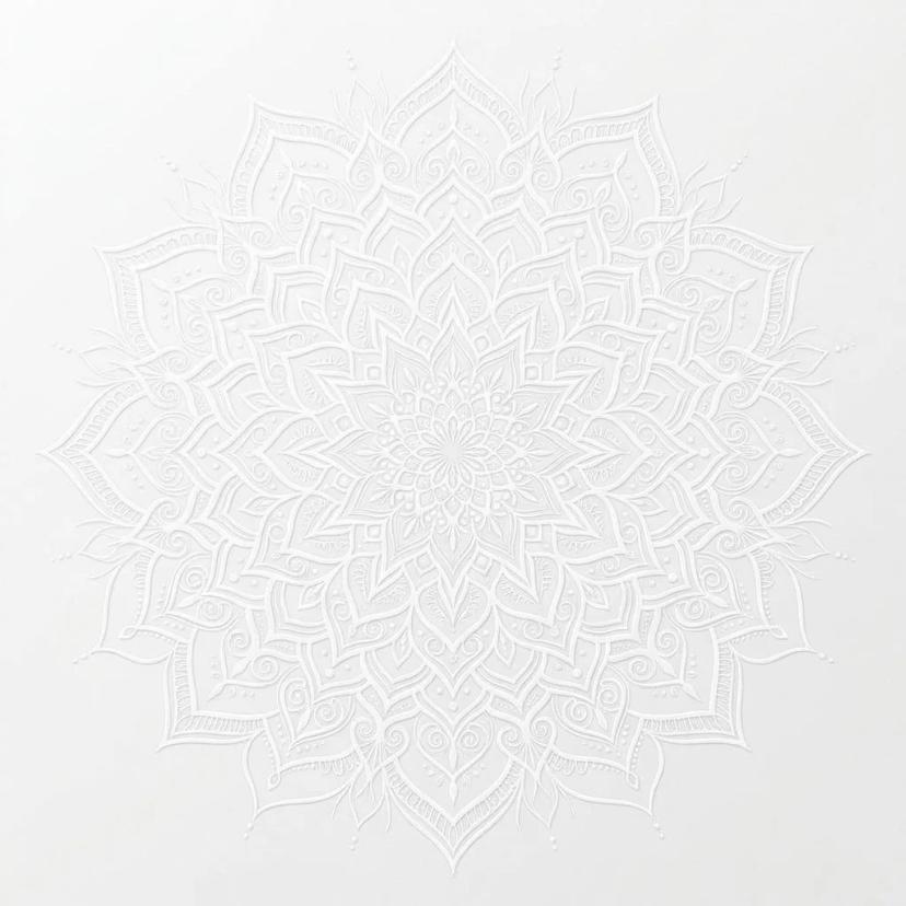 Modèle de tatouage mandala blanc aux motifs de dentelle complexe sur fond blanc épuré.