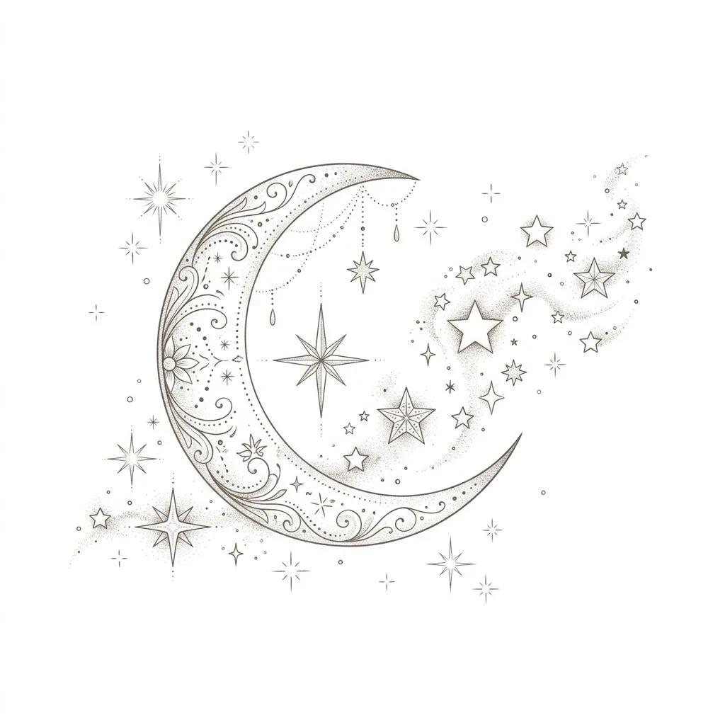 Dessin de tatouage d'un croissant de lune ornemental entouré d'étoiles en pointillés sur fond blanc.