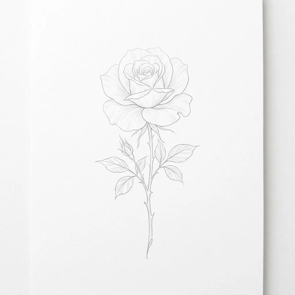 Dessin de tatouage d'une rose délicate aux traits fins et élégants sur un fond blanc uni.