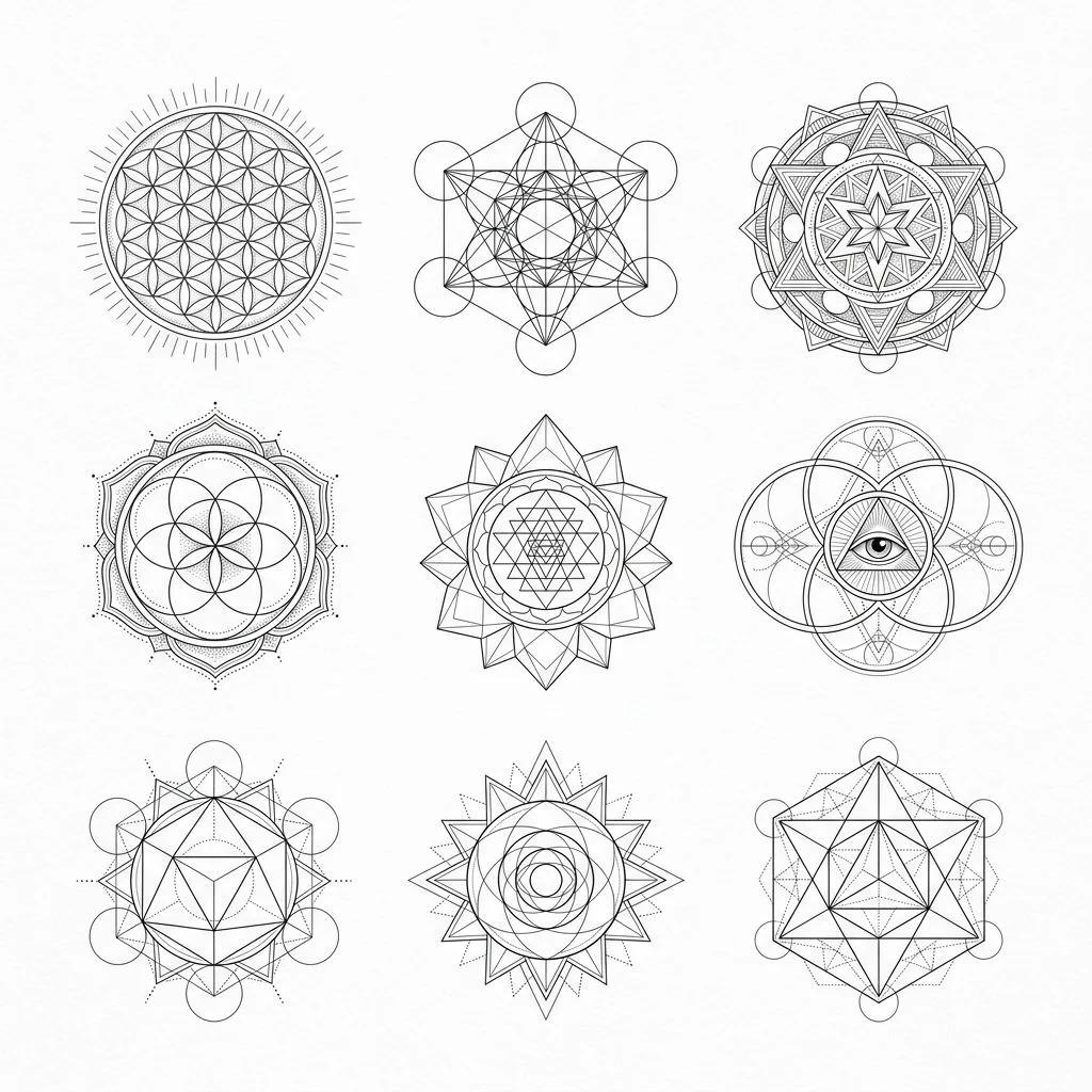 Planche de tatouage présentant divers motifs de géométrie sacrée en traits noirs fins sur fond blanc.