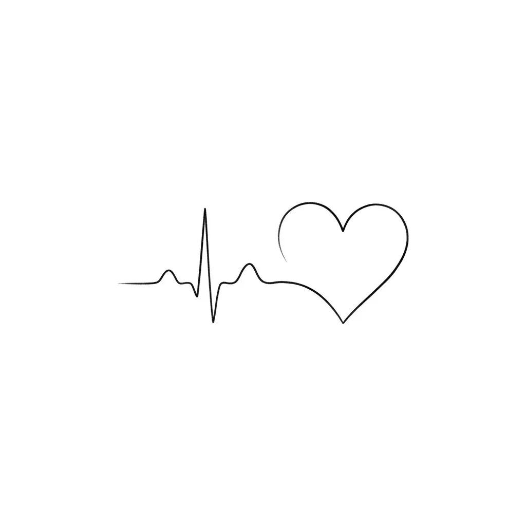 Dessin de tatouage minimaliste d'une ligne ECG fine se terminant par une forme de cœur sur fond blanc.
