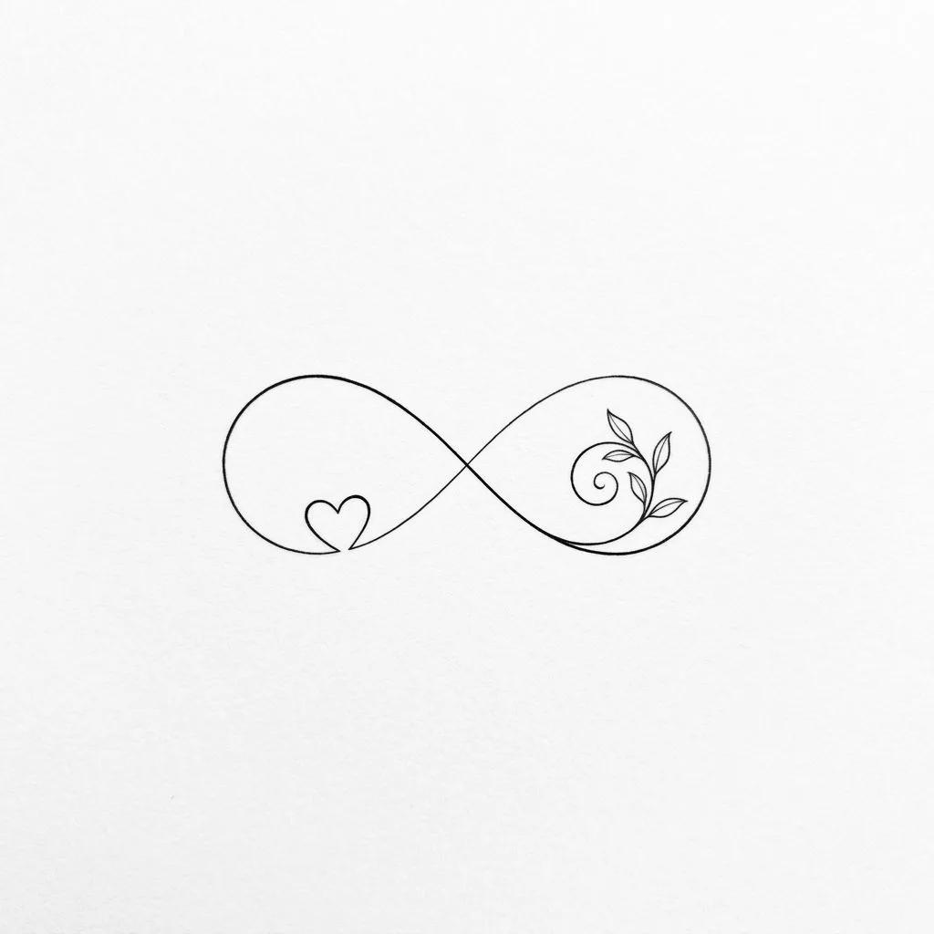 Dessin de tatouage d'un signe infini intégrant un petit cœur et une branche feuillue en trait fin noir.